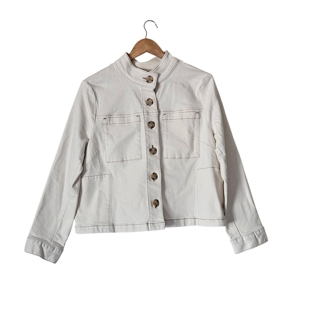 J. Jill Utility Jacket Cream Mock Neck Twill Sz Medium Petite Minimalist Coastal